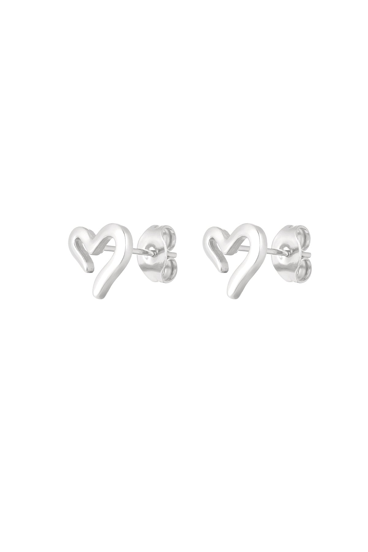 Silver-tone minimalist open heart stud earrings shown close-up with butterfly backings on white background