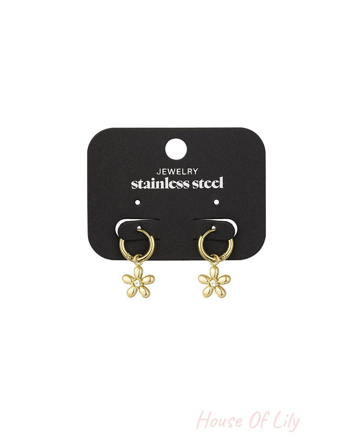 Set of gold flower drop earrings with rhinestone centres displayed on a black jewelry card labelled 'stainless steel'