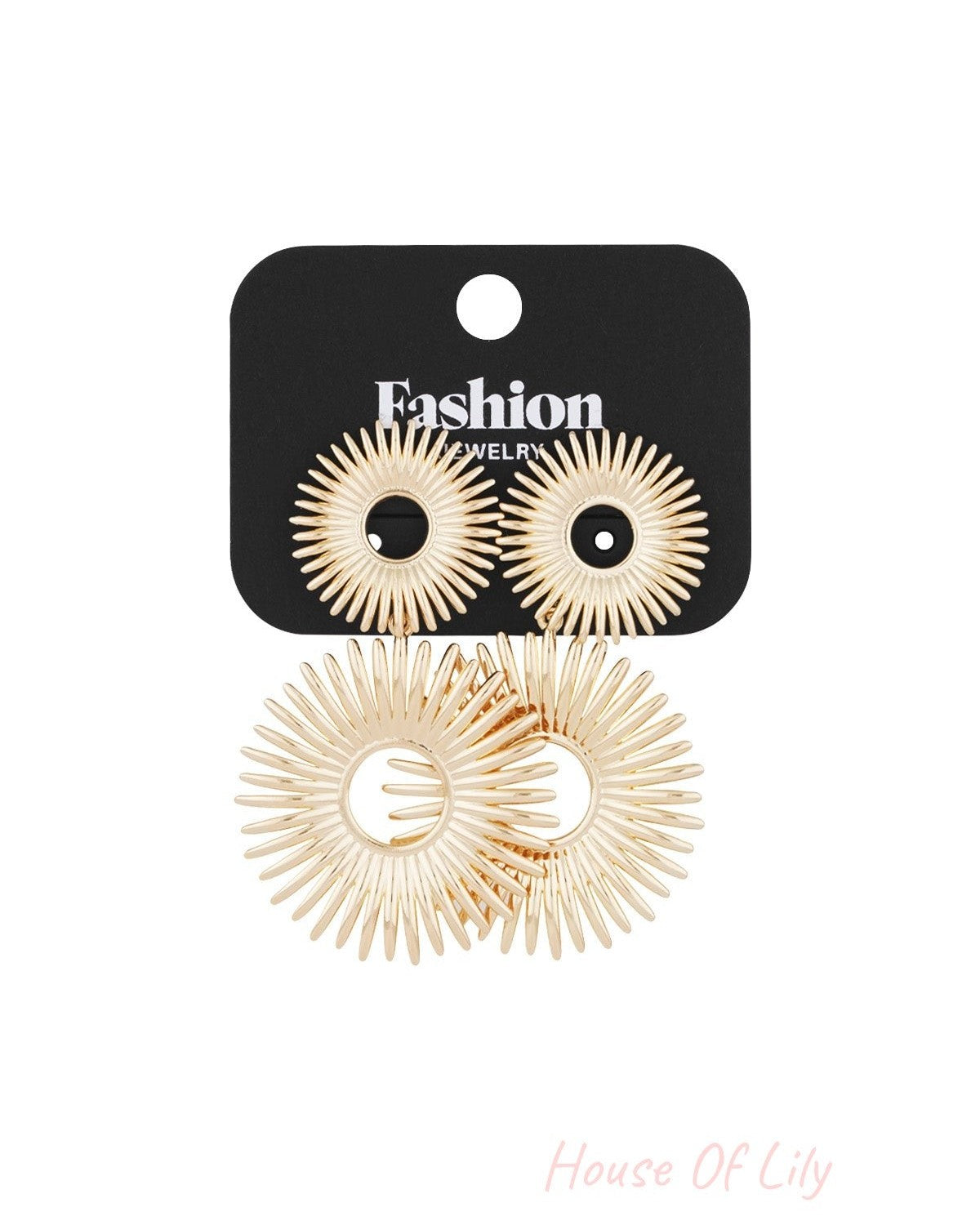 Gold-tone double sunburst drop earrings displayed on black Fashion Jewelry card