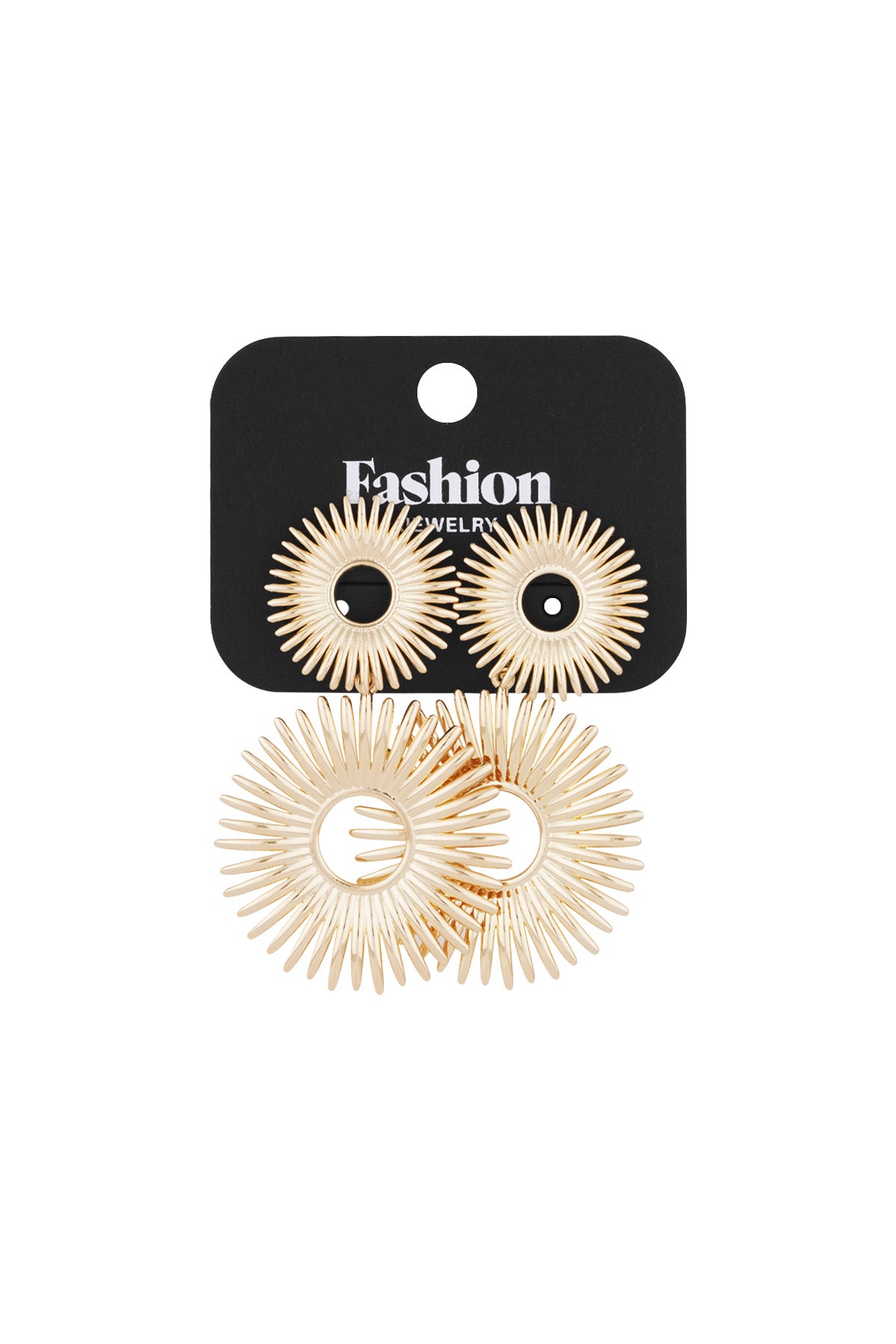 Gold-tone double sunburst drop earrings displayed on black Fashion Jewelry card