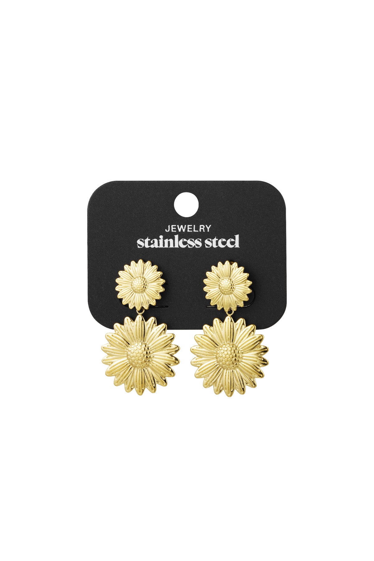 Gold sunflower drop earrings displayed on black stainless steel jewelry card
