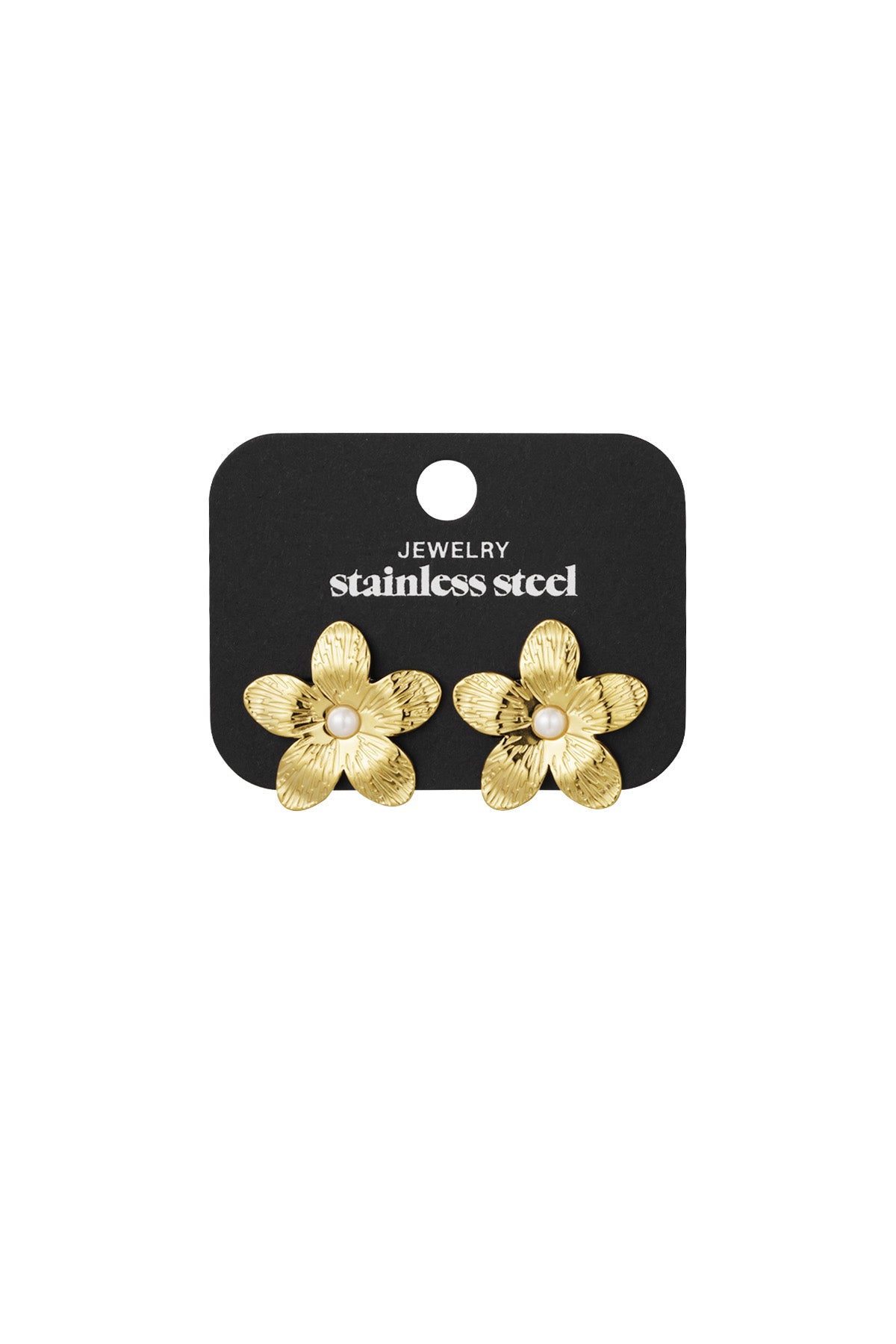 Gold-tone floral pearl stud earrings displayed on a black jewelry card labeled stainless steel