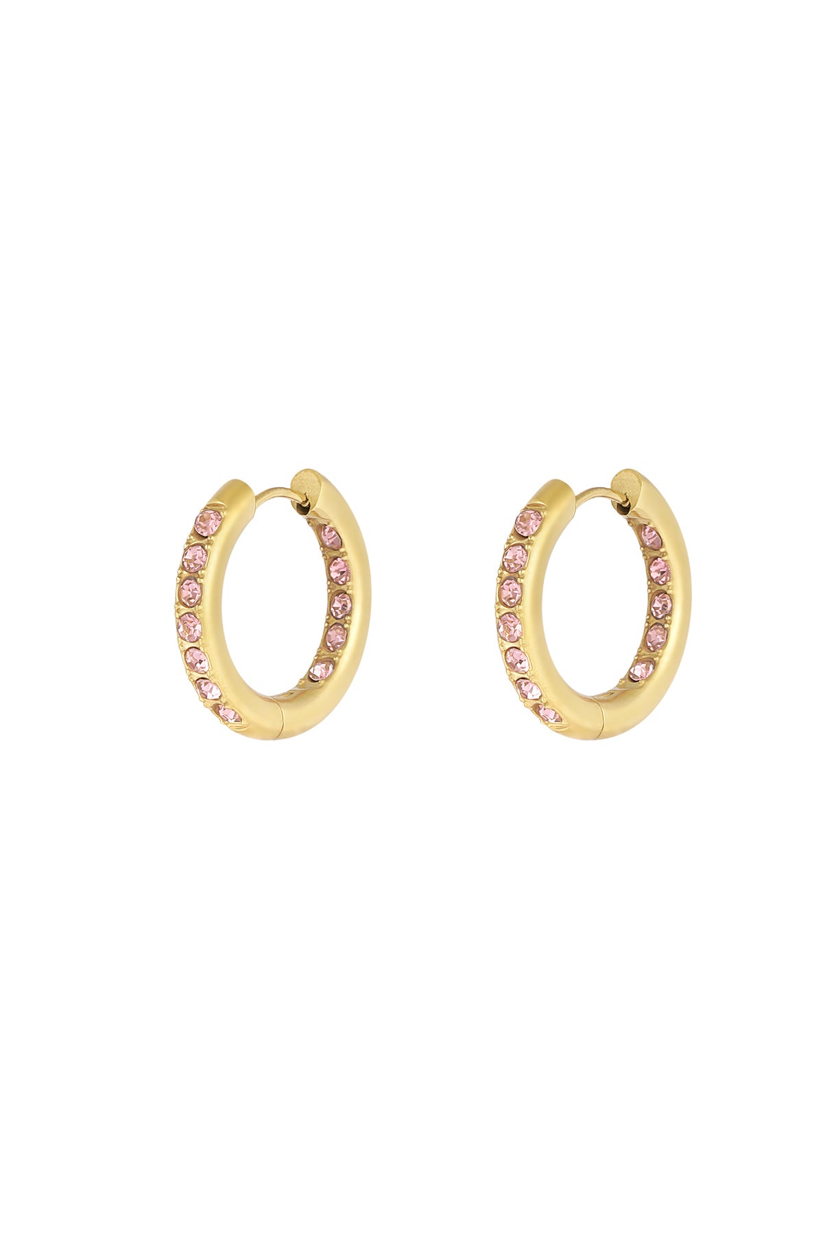 Pair of gold hoop earrings adorned with pink rhinestones on a white background highlighting color variant