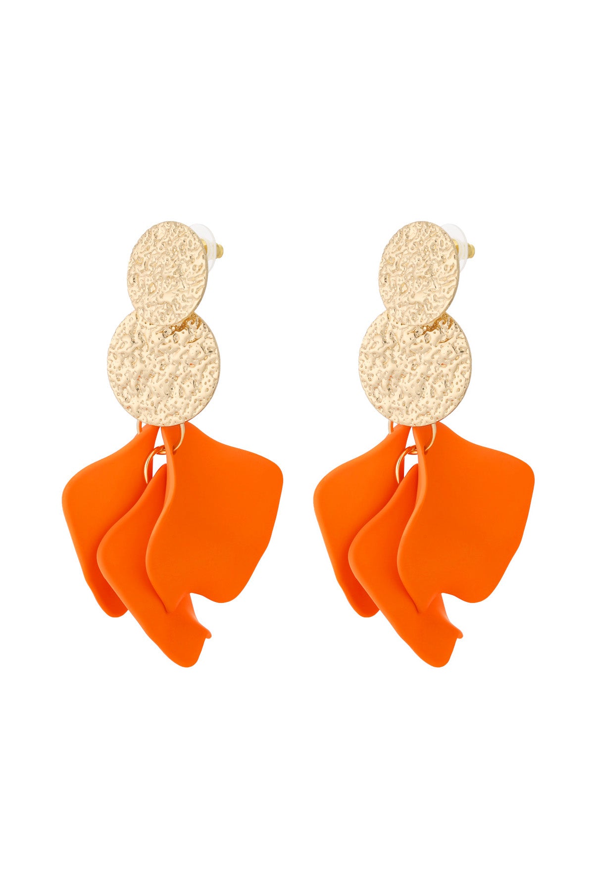 Drop earrings featuring textured gold discs with bright orange soft petal shapes