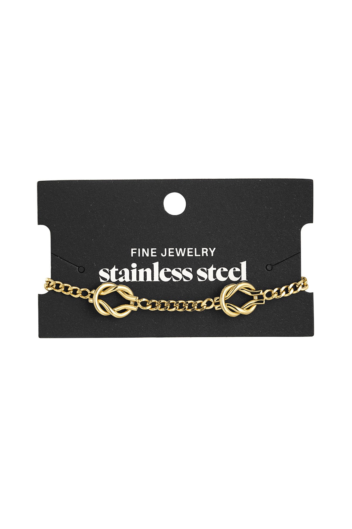 Gold knot bracelet displayed on black fine jewelry card with stainless steel branding