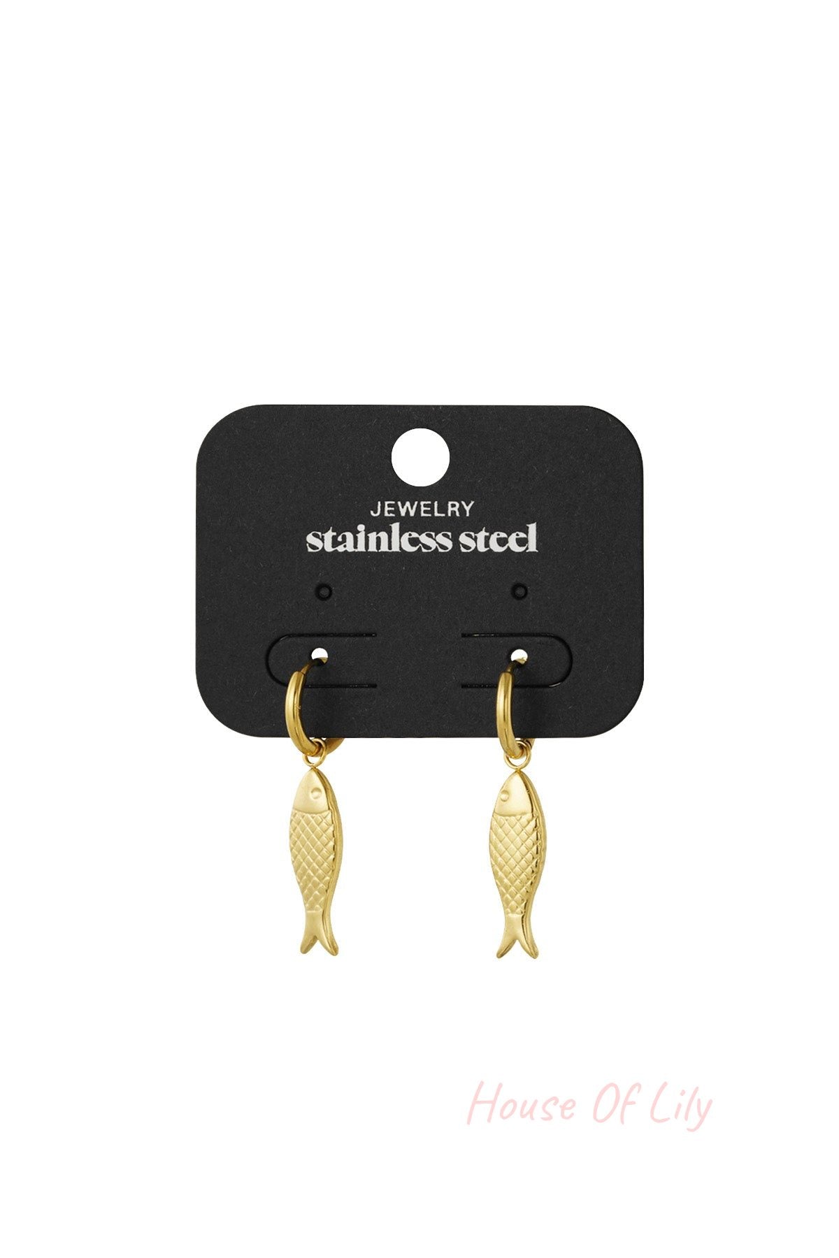 Gold fish charm earrings displayed on a black card labeled stainless steel jewellery