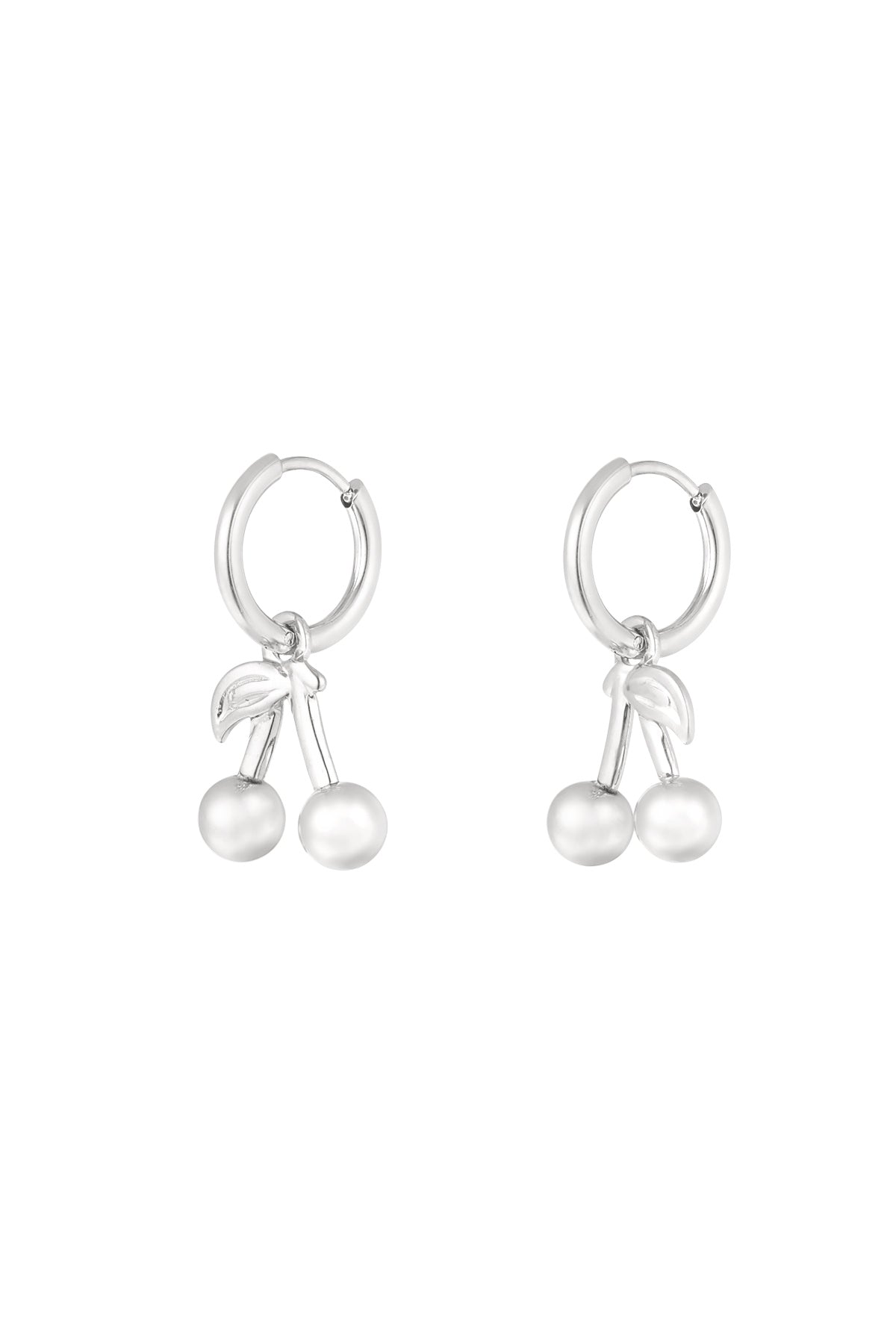 Silver-tone hoop earrings with cherry-shaped dangling charms made of stainless steel on a white background