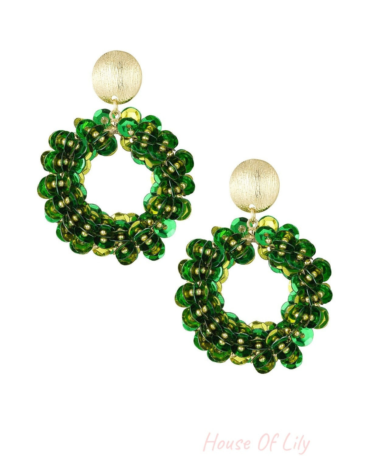 Green sequined hoop earrings with textured gold stud tops displayed on white background