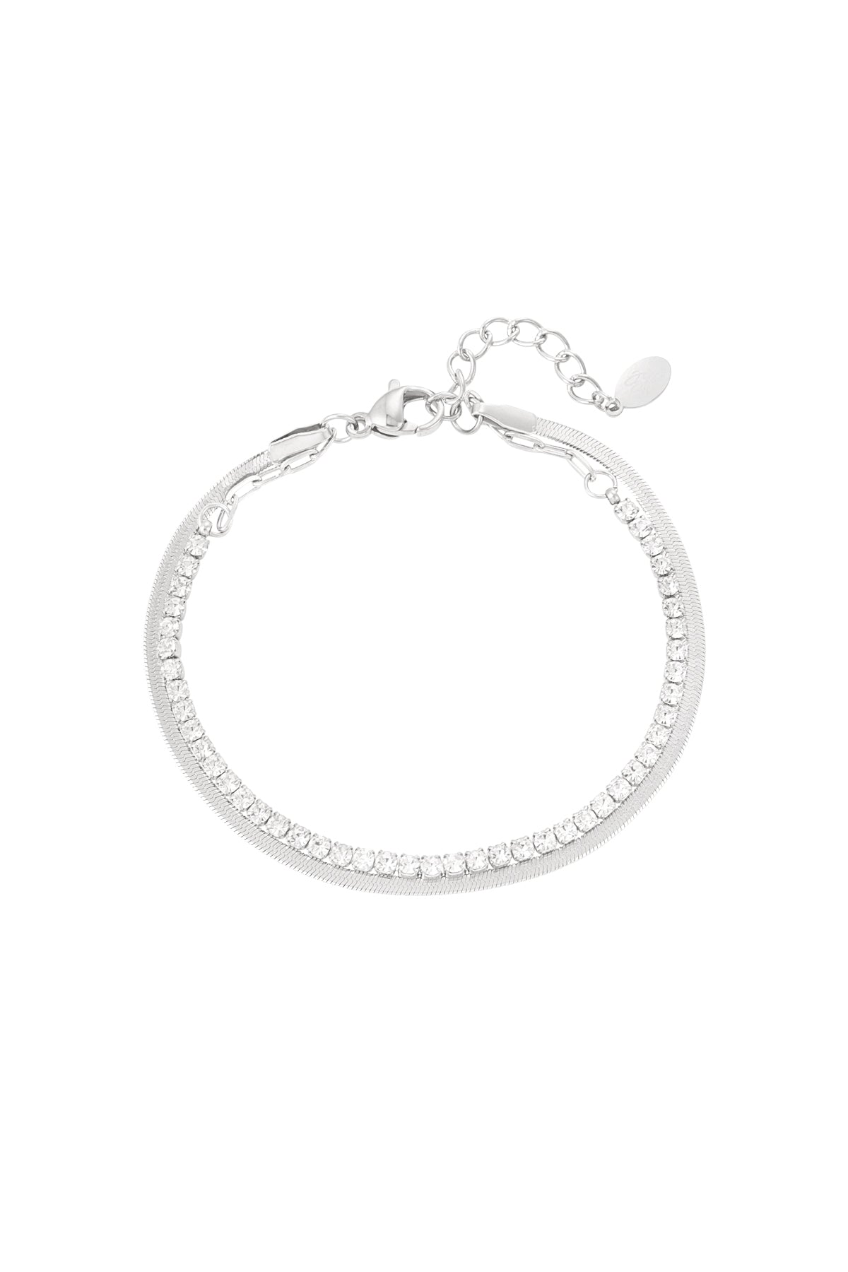 Silver tone double-layer bracelet with clear crystals and polished chain on white background