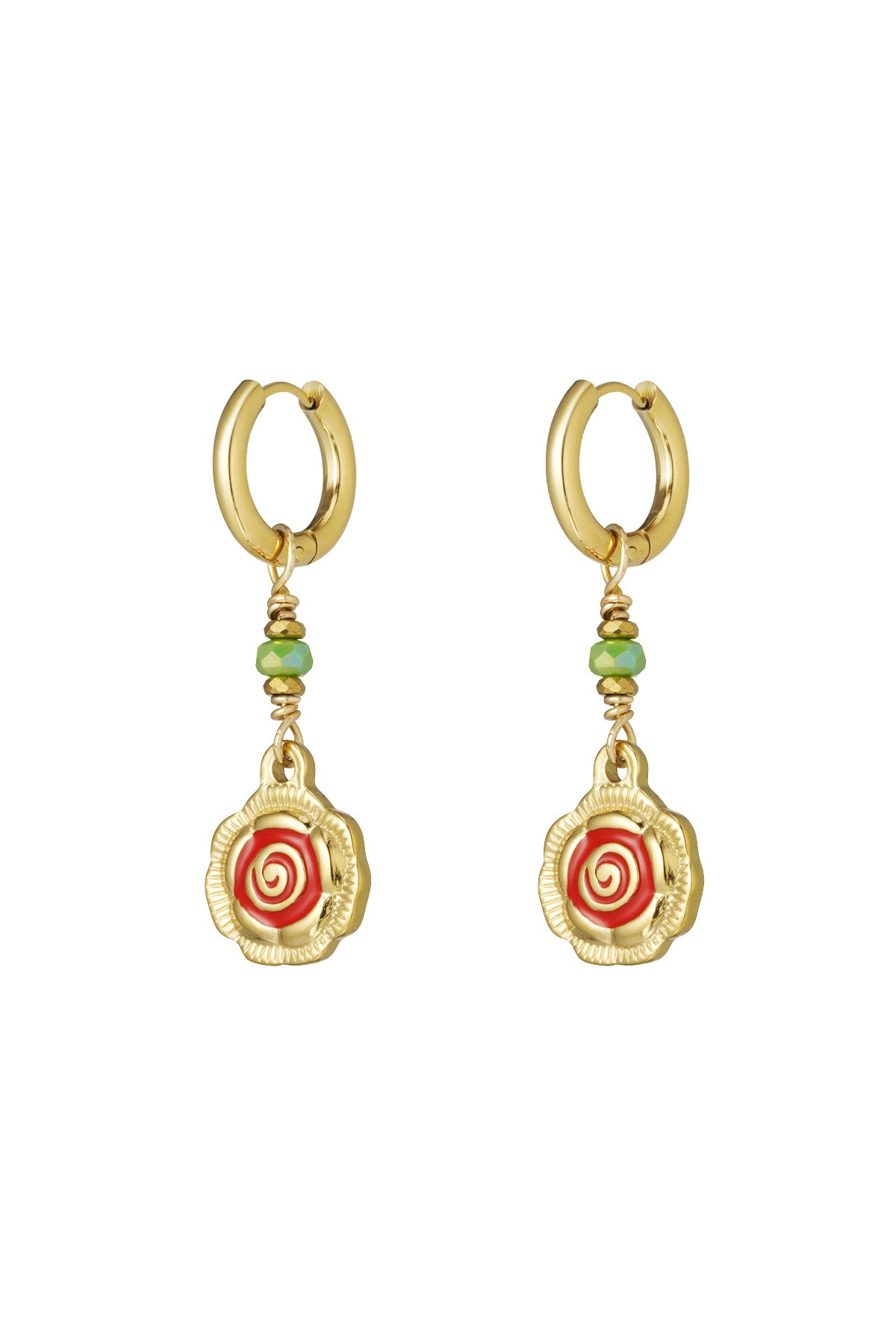 Pair of gold-tone hoop earrings with dangling spiral flower charms in red and green beads on white background