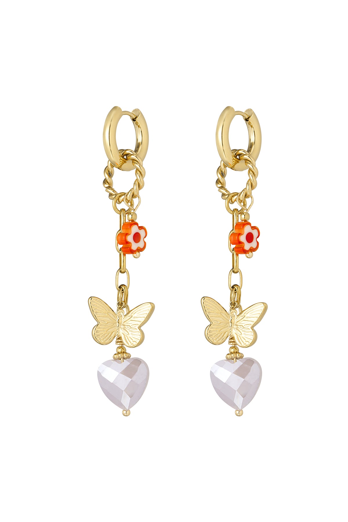 Gold drop earrings with orange flower, butterfly charm, and faceted light pink heart pendant on white background