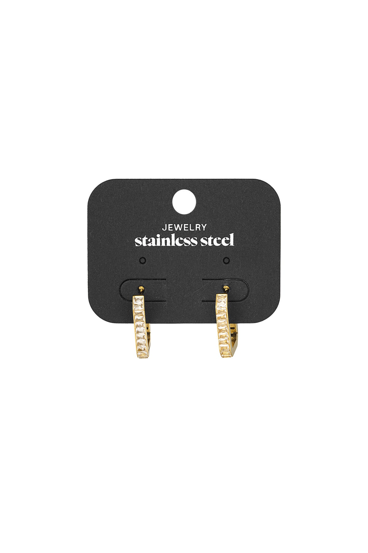 Pair of gold rectangular crystal hoop earrings displayed on black stainless steel jewelry card