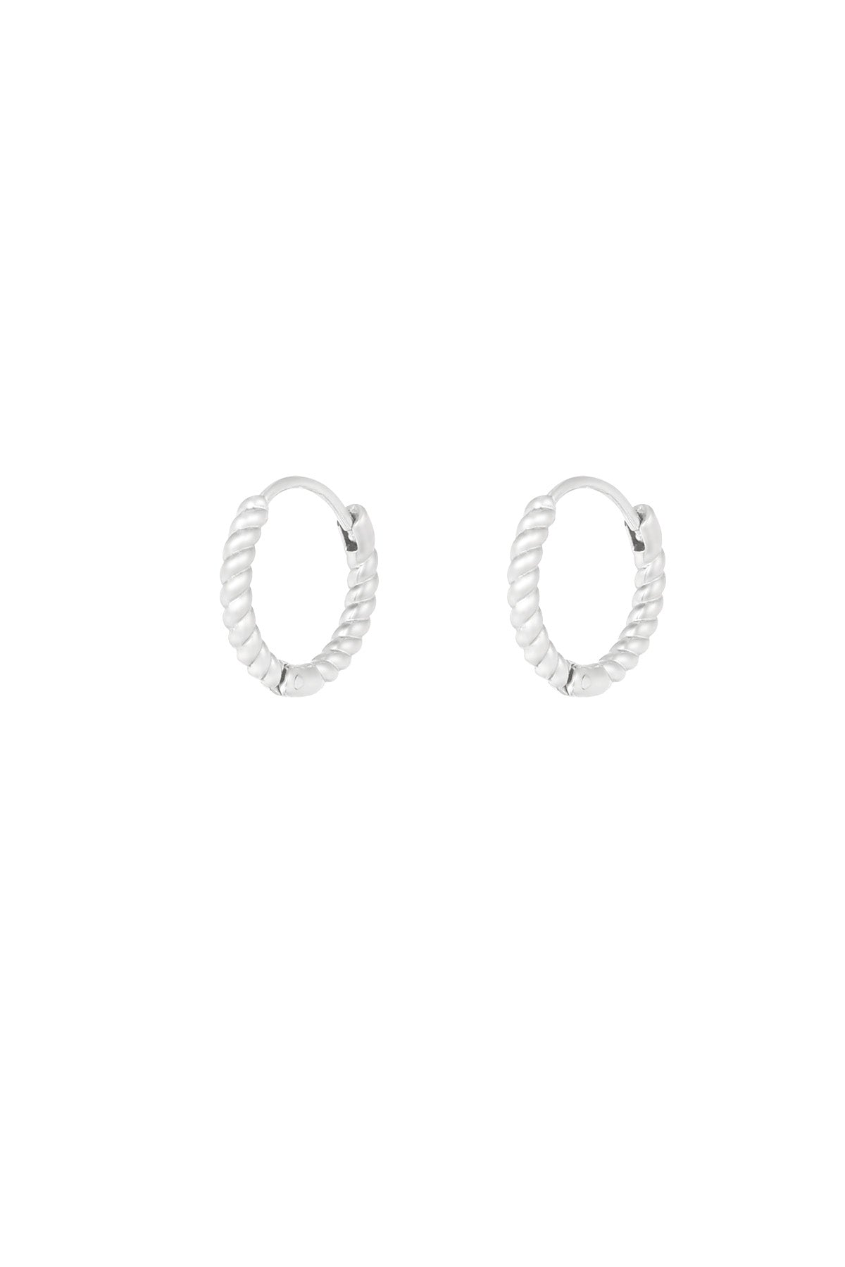 Pair of silver twisted rope hoop earrings on white background