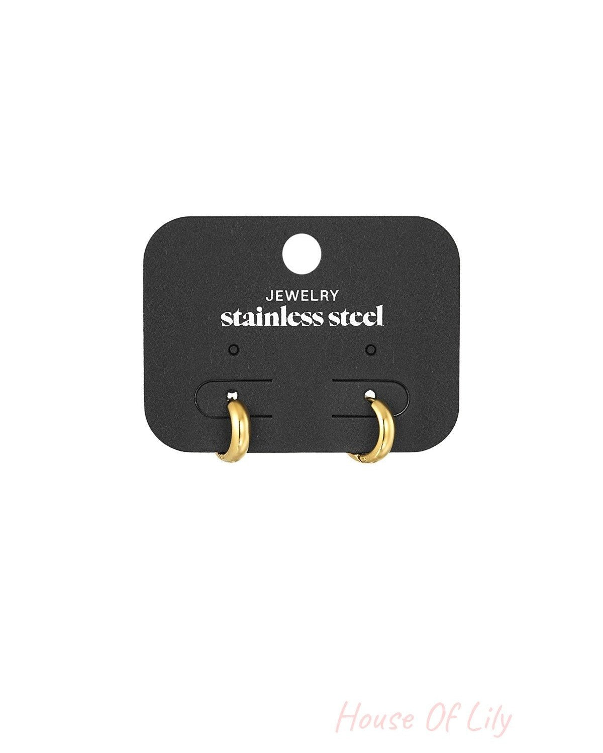 Gold mini hoop earrings attached to black display card labeled 'stainless steel jewelry'