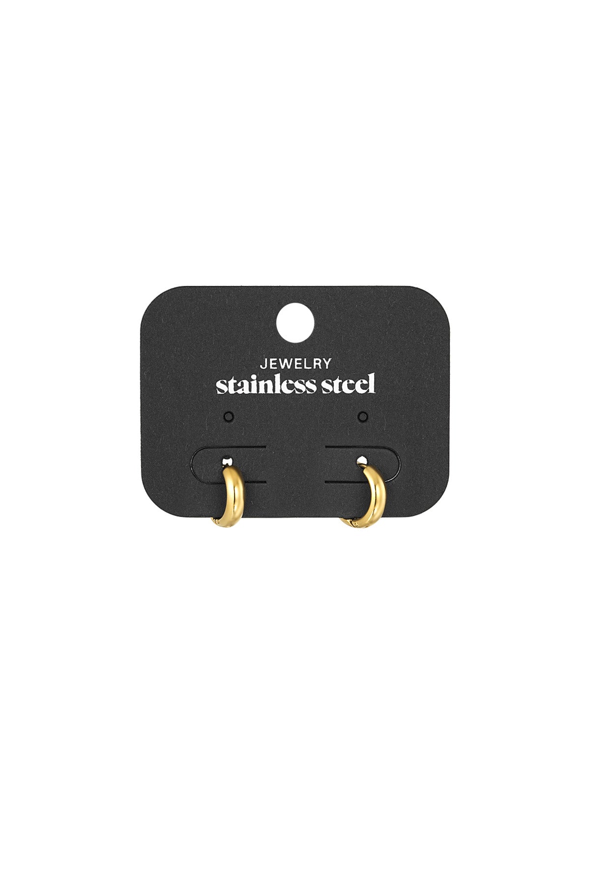 Gold mini hoop earrings attached to black display card labeled 'stainless steel jewelry'