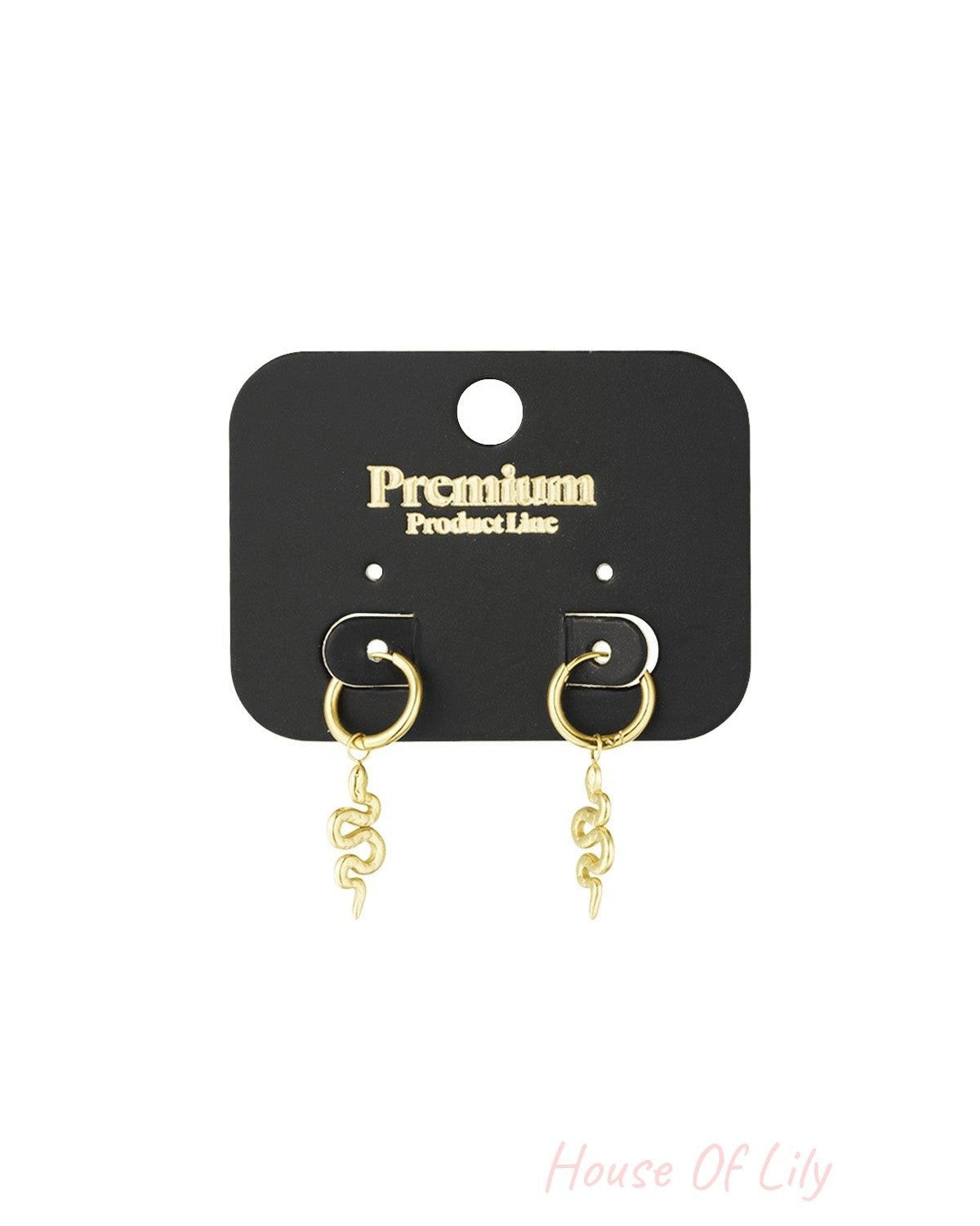 Gold snake charm hoop earrings displayed on a black Premium Product Line earring card