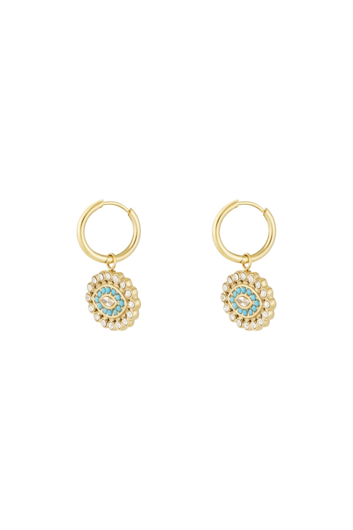 Gold stainless steel hoop earrings with turquoise and rhinestone evil eye charms on white background