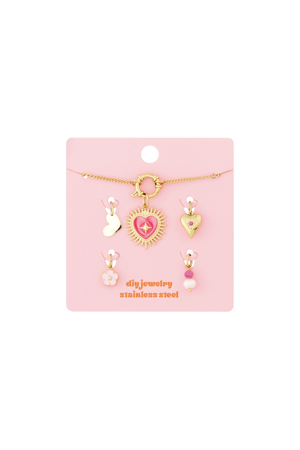 Sculpted Gold Charm Set III: A gold chain with a pink heart pendant and four assorted dainty heart, floral, and bead charms.
