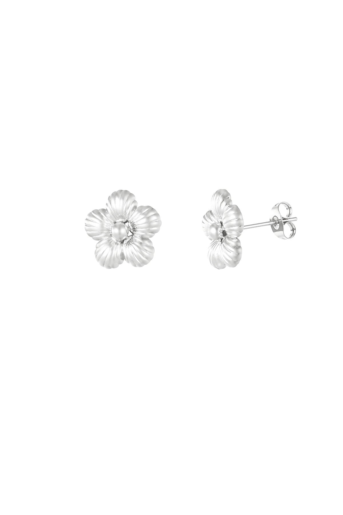 Silver fluted flower stud earrings shown on white background