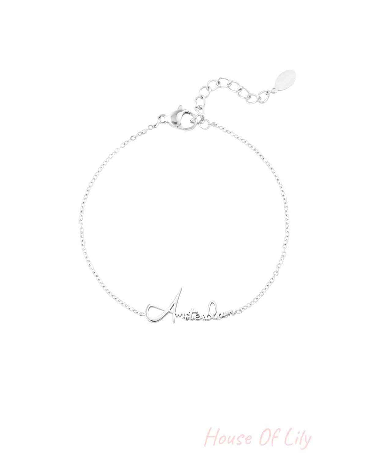 Silver Amsterdam Script Bracelet with fine chain and adjustable clasp on white background