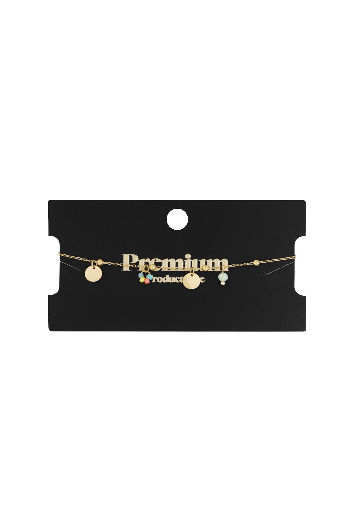 Gold coin bracelet delicately displayed on a black card with 'Premium' written in gold text