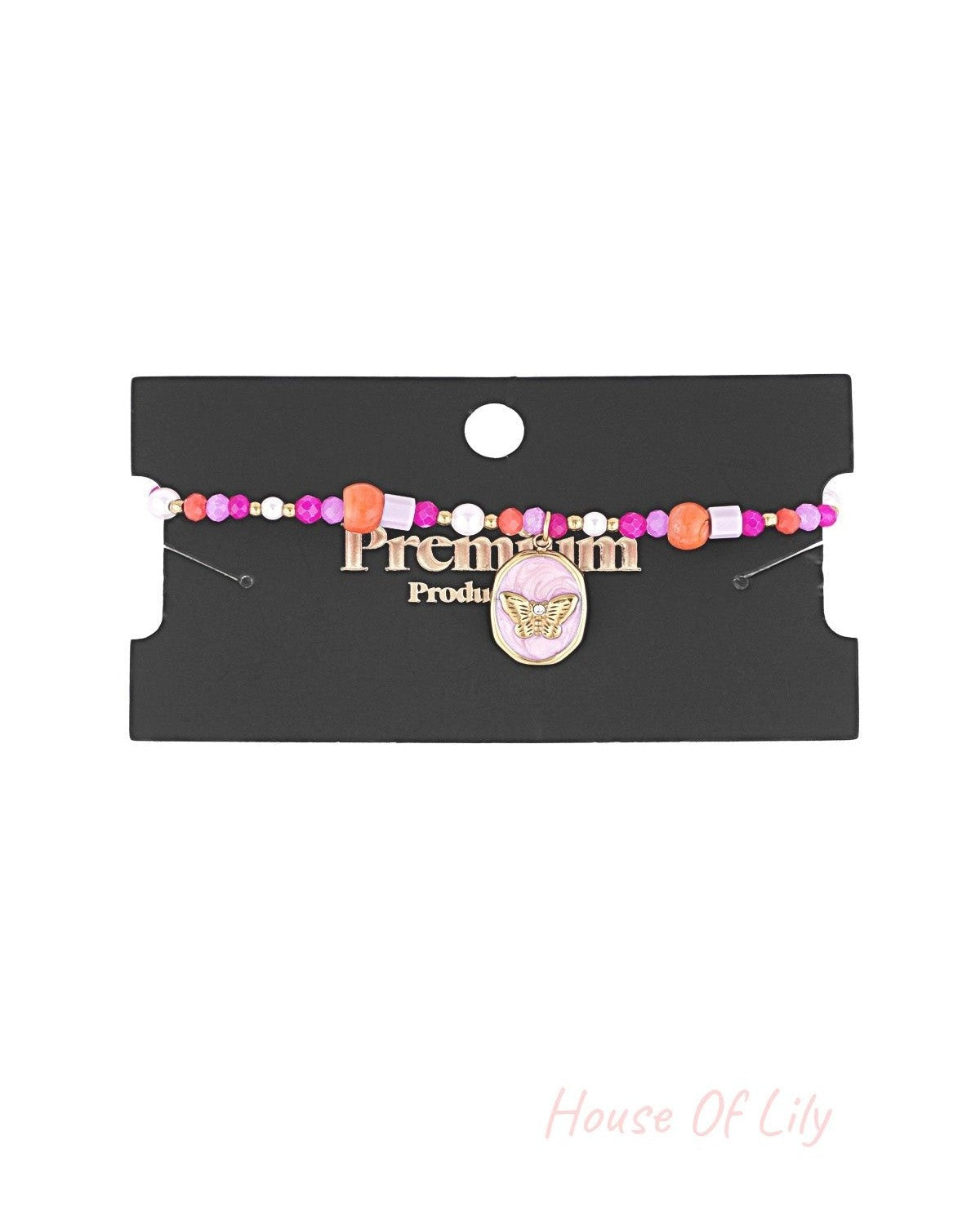 Butterfly charm beaded bracelet displayed on a black product card showcasing its colorful beads and gold clasp