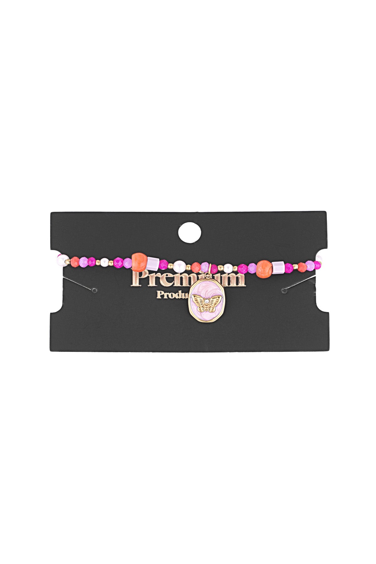 Butterfly charm beaded bracelet displayed on a black product card showcasing its colorful beads and gold clasp