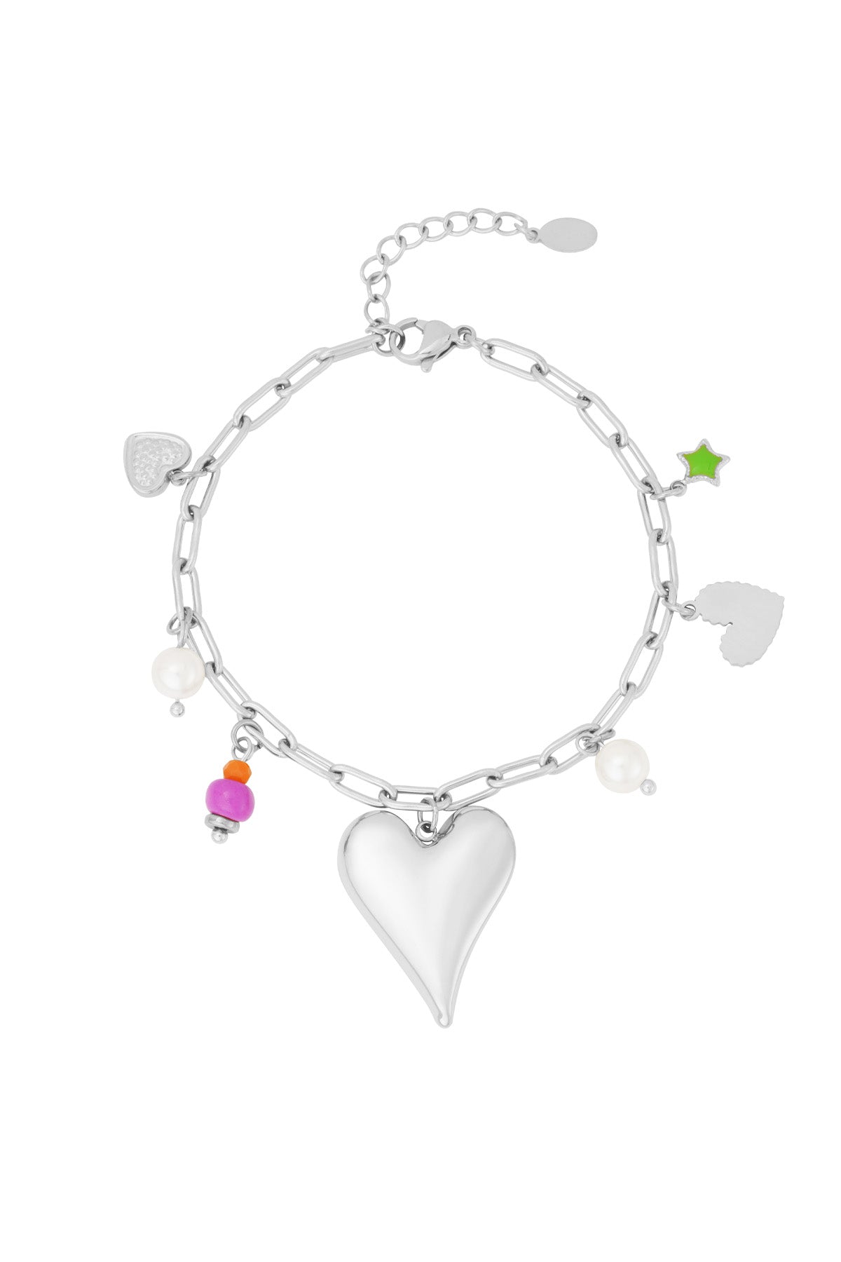 Silver-tone charm bracelet with heart pendant, colourful beads, enamel star and faux pearls on chain, isolated on white background