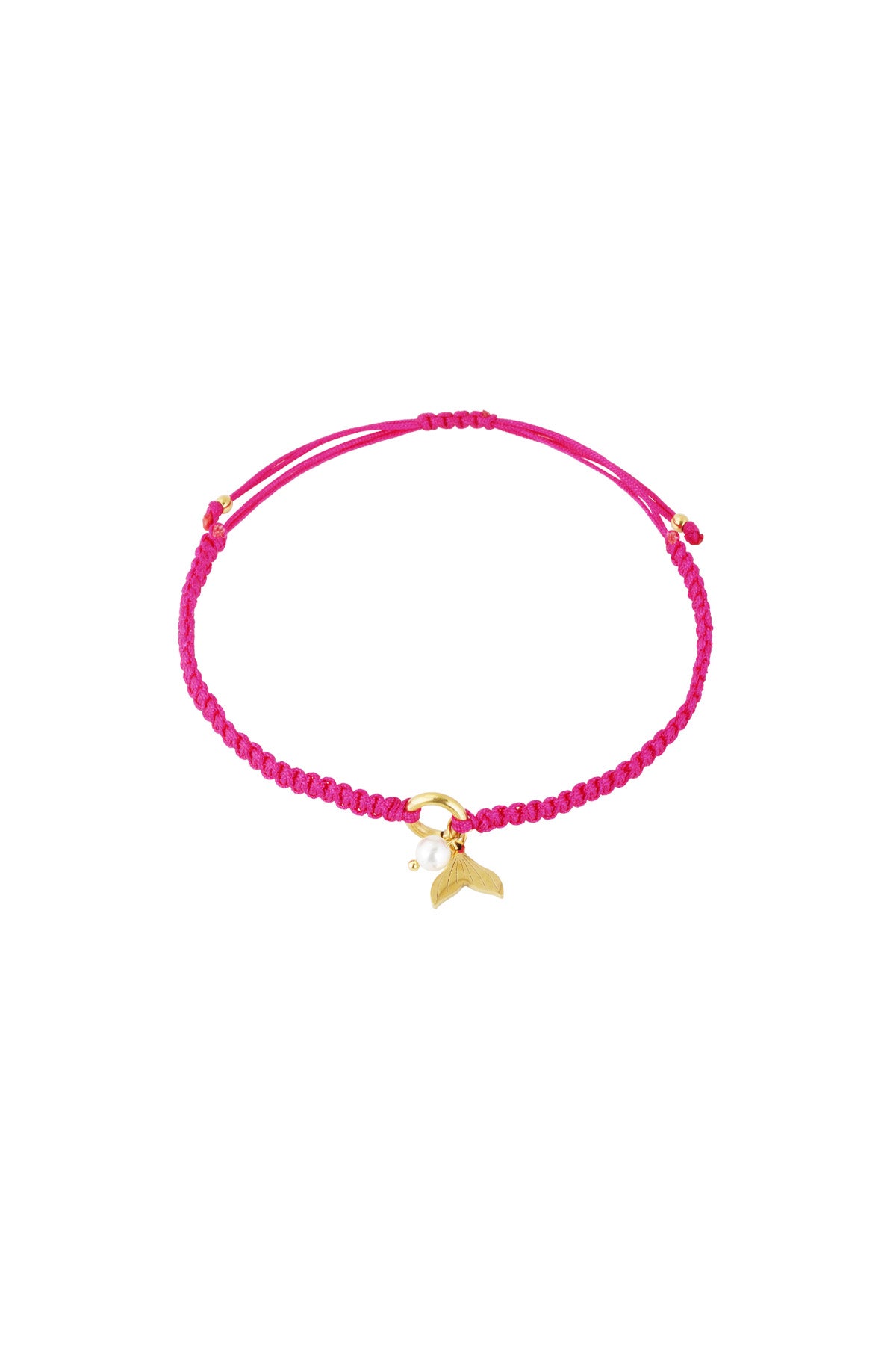 Vibrant fuchsia braided bracelet with gold mermaid tail charm and pearl shown on white background