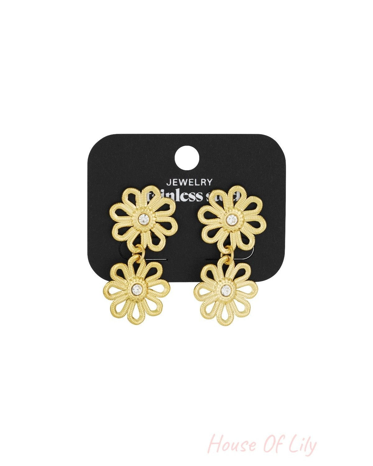 Gold flower double drop earrings with crystal centers displayed on a black card labeled 'Jewelry Stainless Steel'