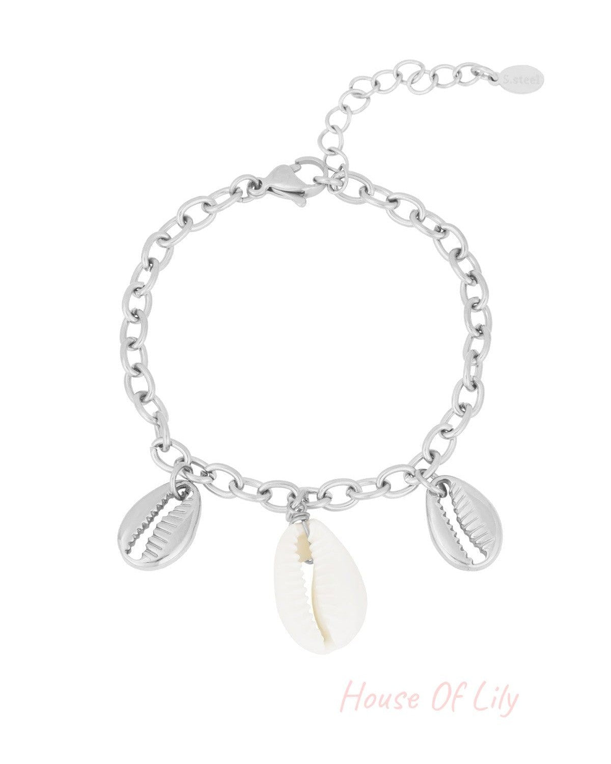 Silver-tone chain bracelet with three shell charms: two silver-tone and one natural white shell on white background