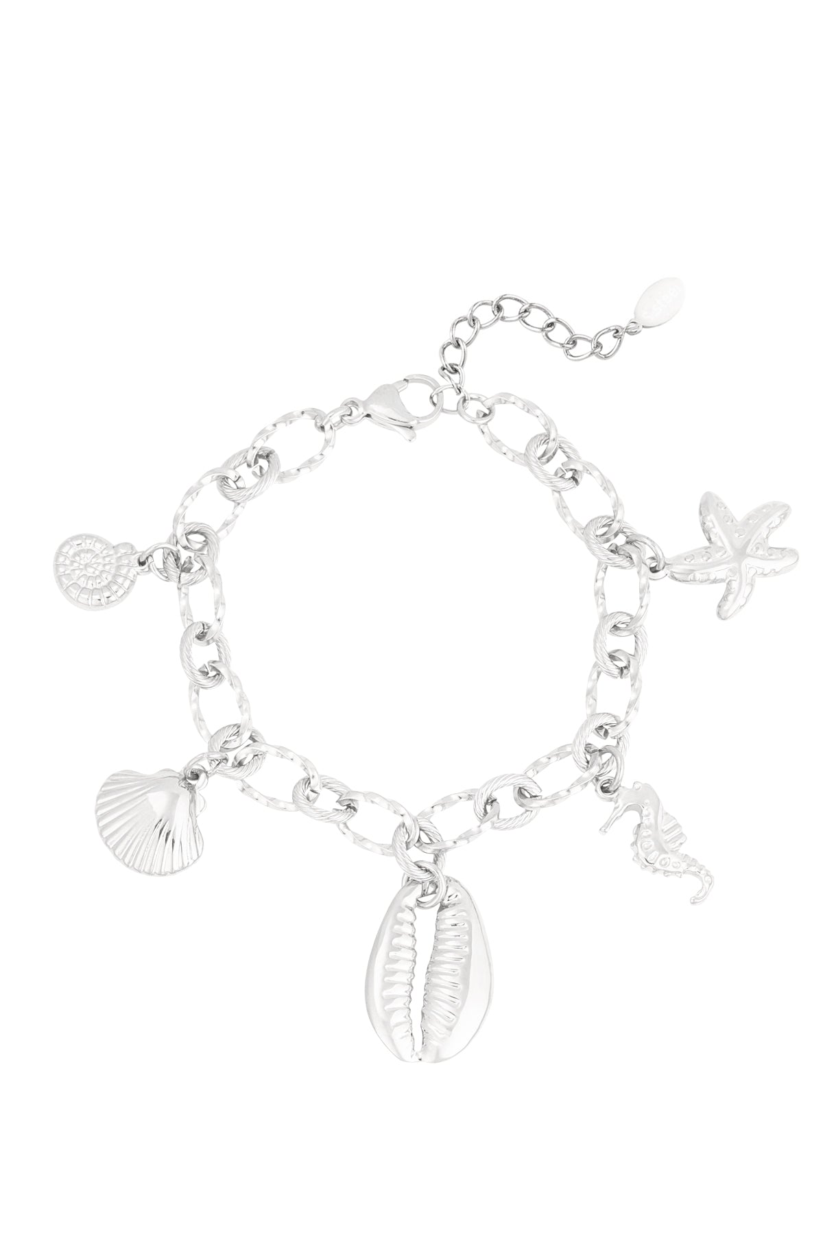 Silver-tone charm bracelet with large textured links and sea-themed charms including starfish, seahorse, shell, and cowrie shell on a white background.