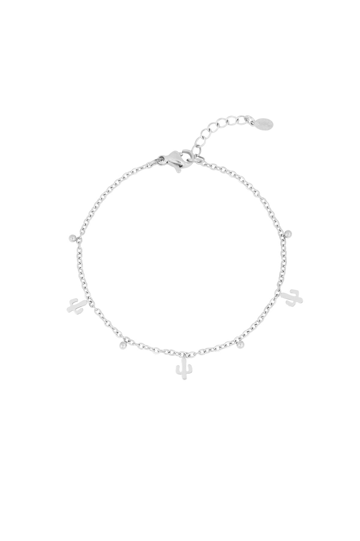 Silver cactus charm bracelet with small bead charms on adjustable chain