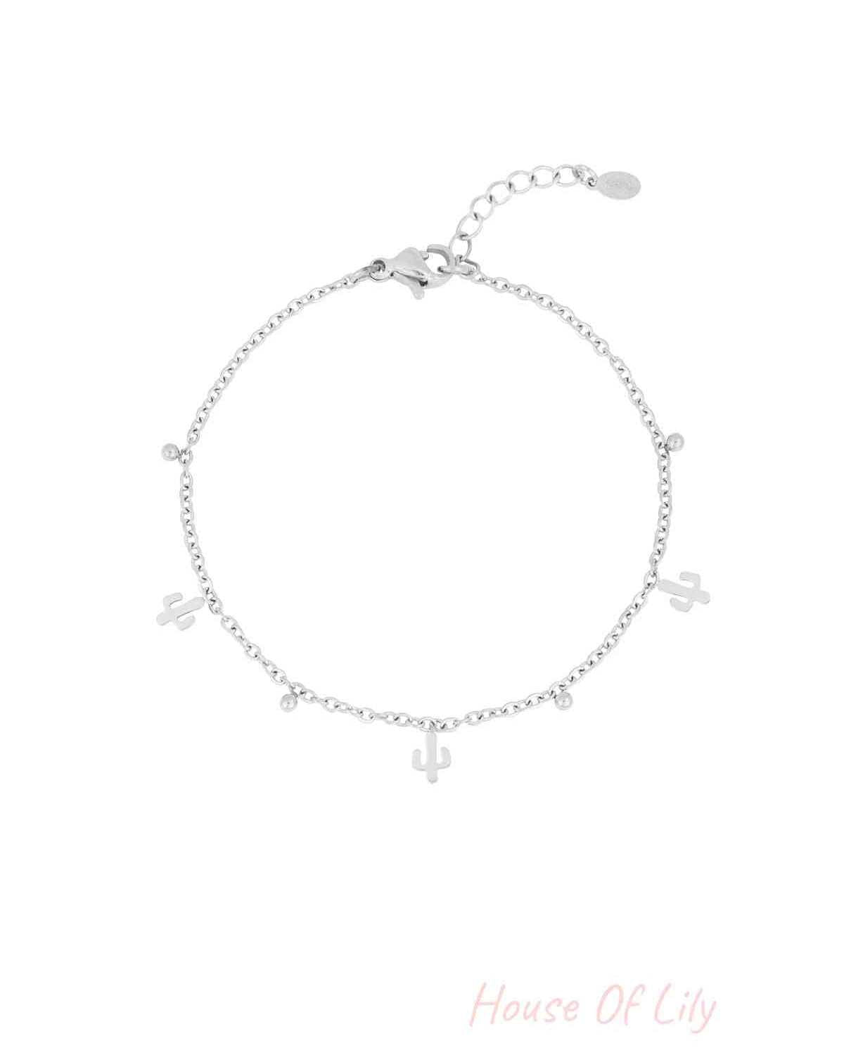 Silver cactus charm bracelet with small bead charms on adjustable chain