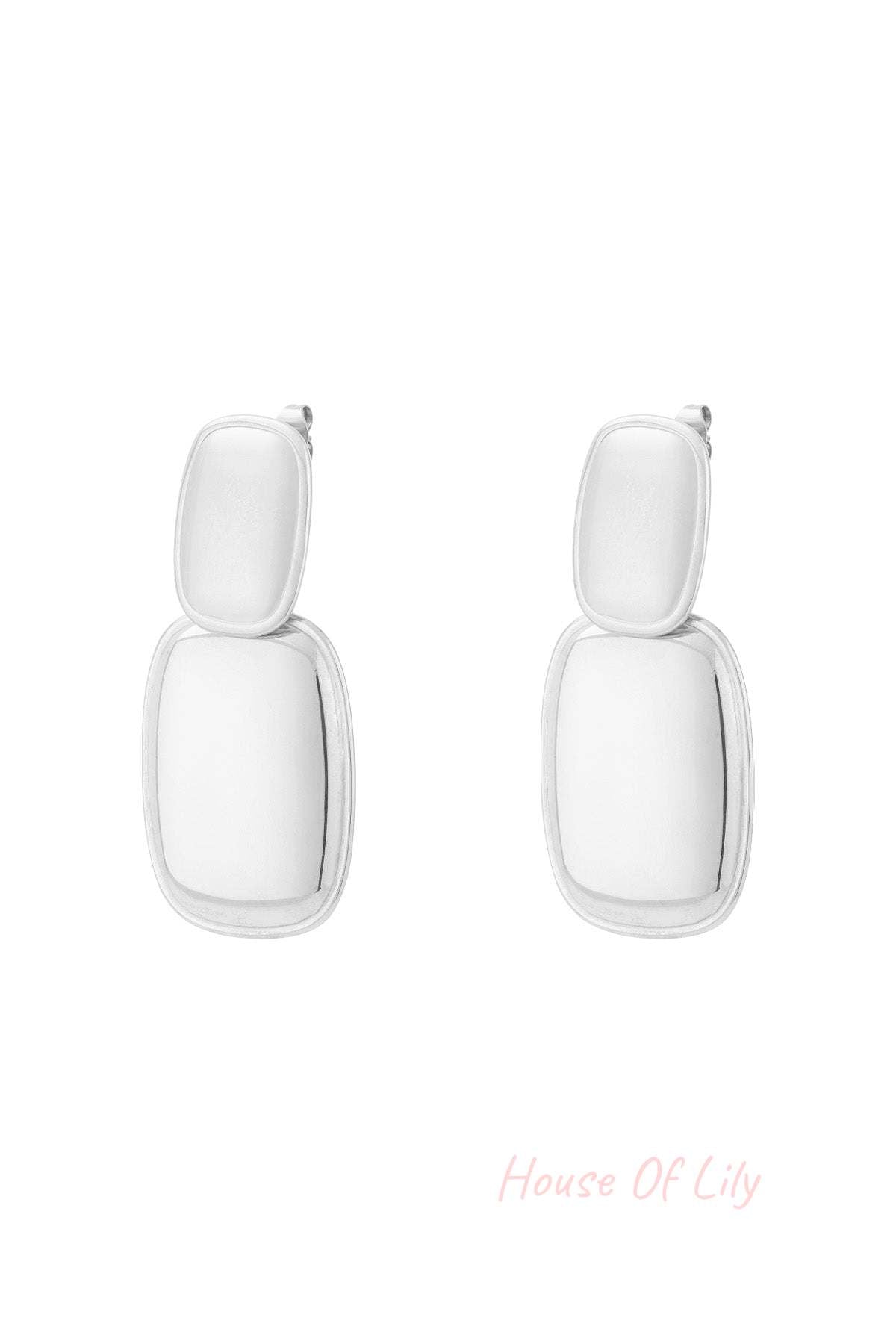 Pair of modern double drop earrings in shiny silver with two stacked rectangular shapes