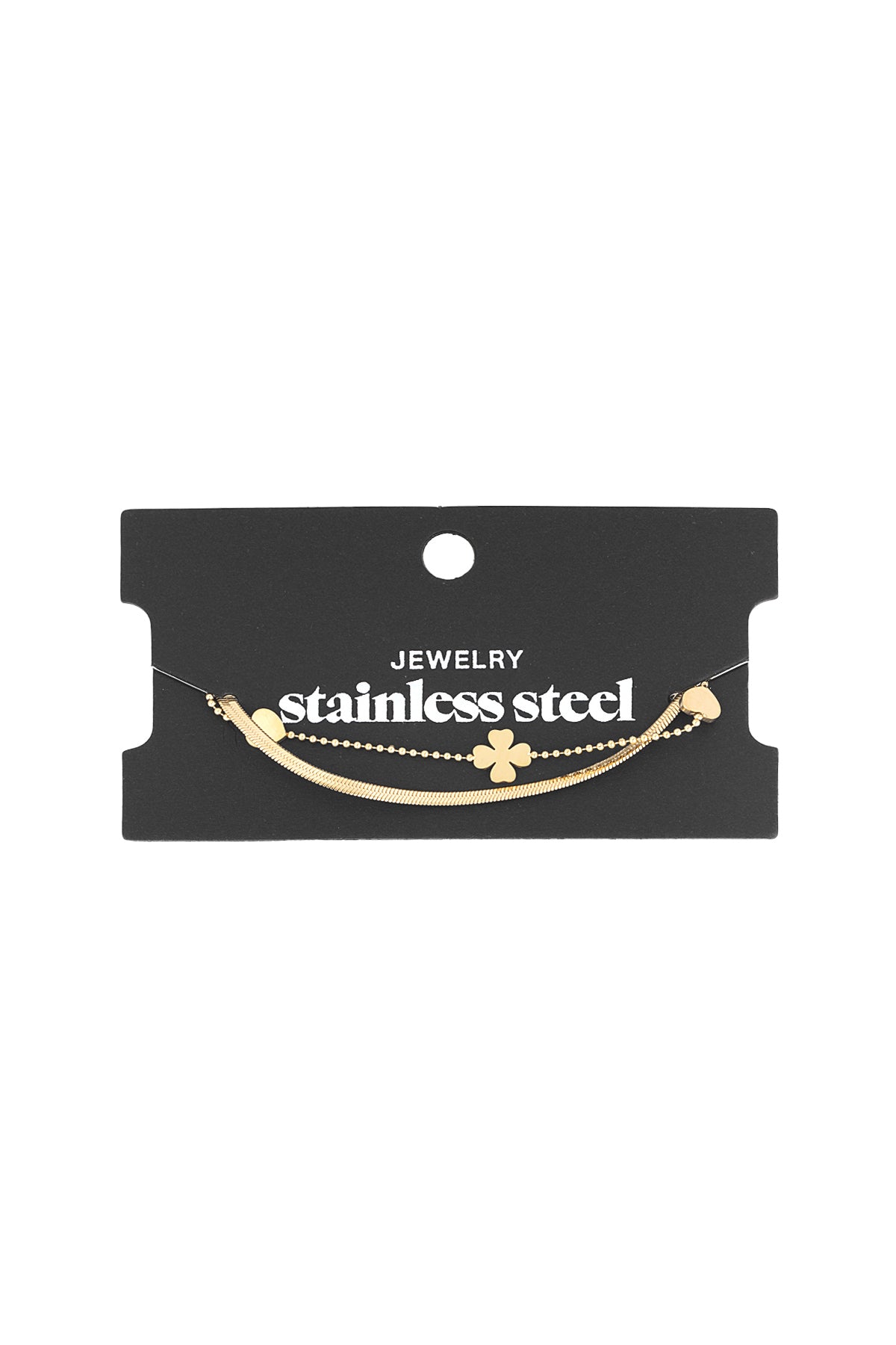 Gold layered charm bracelet displayed on a black card labelled stainless steel jewellery