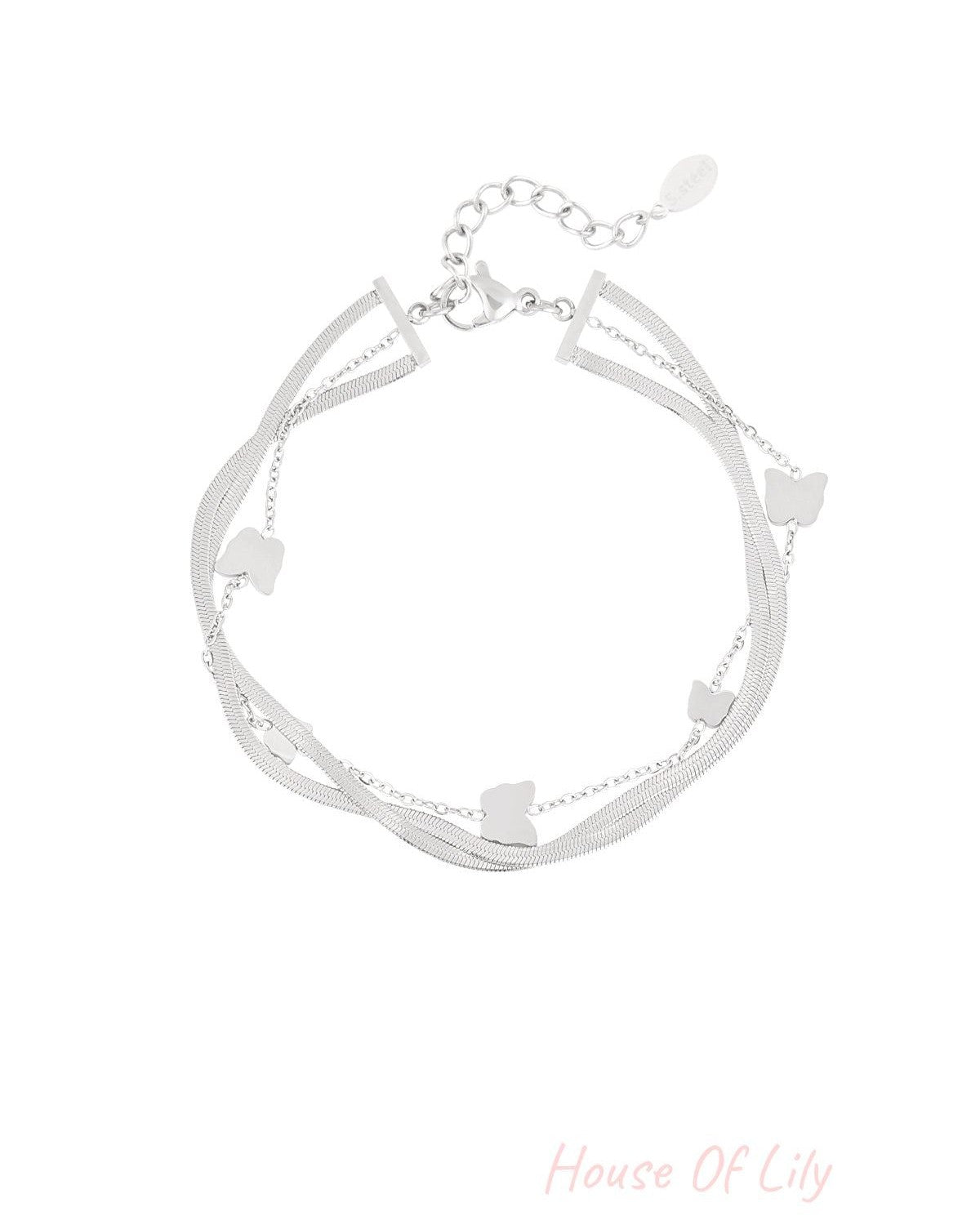 Silver version of the butterfly charm bracelet featuring layered delicate chains and butterfly charms, on white background