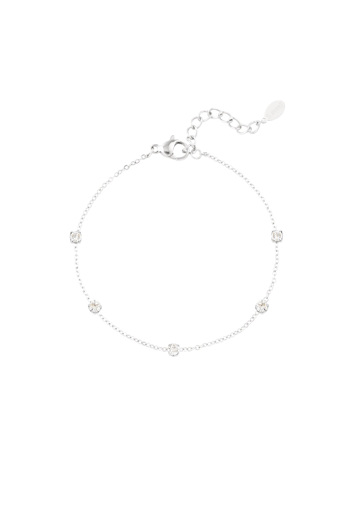 Silver delicate chain bracelet with five sparkling crystal stones evenly spaced on white background
