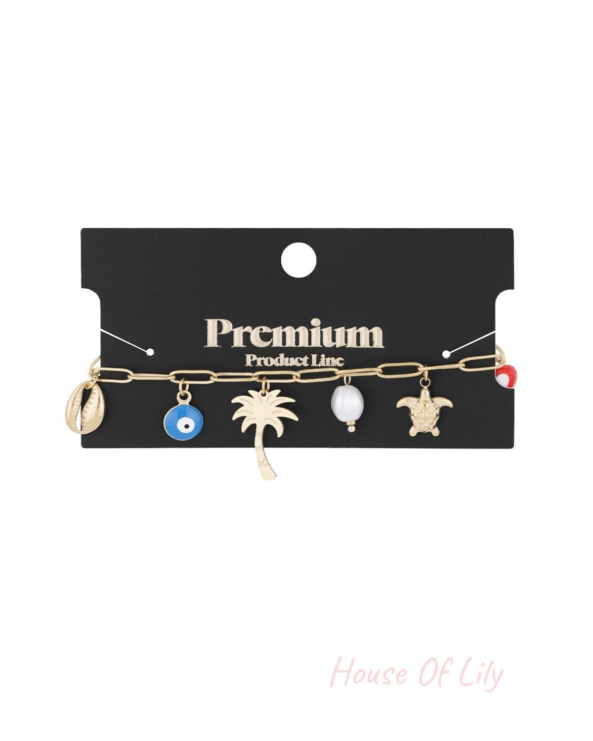 Gold-tone charm bracelet displayed on a black 'Premium Product Line' card showing all summer-themed charms.