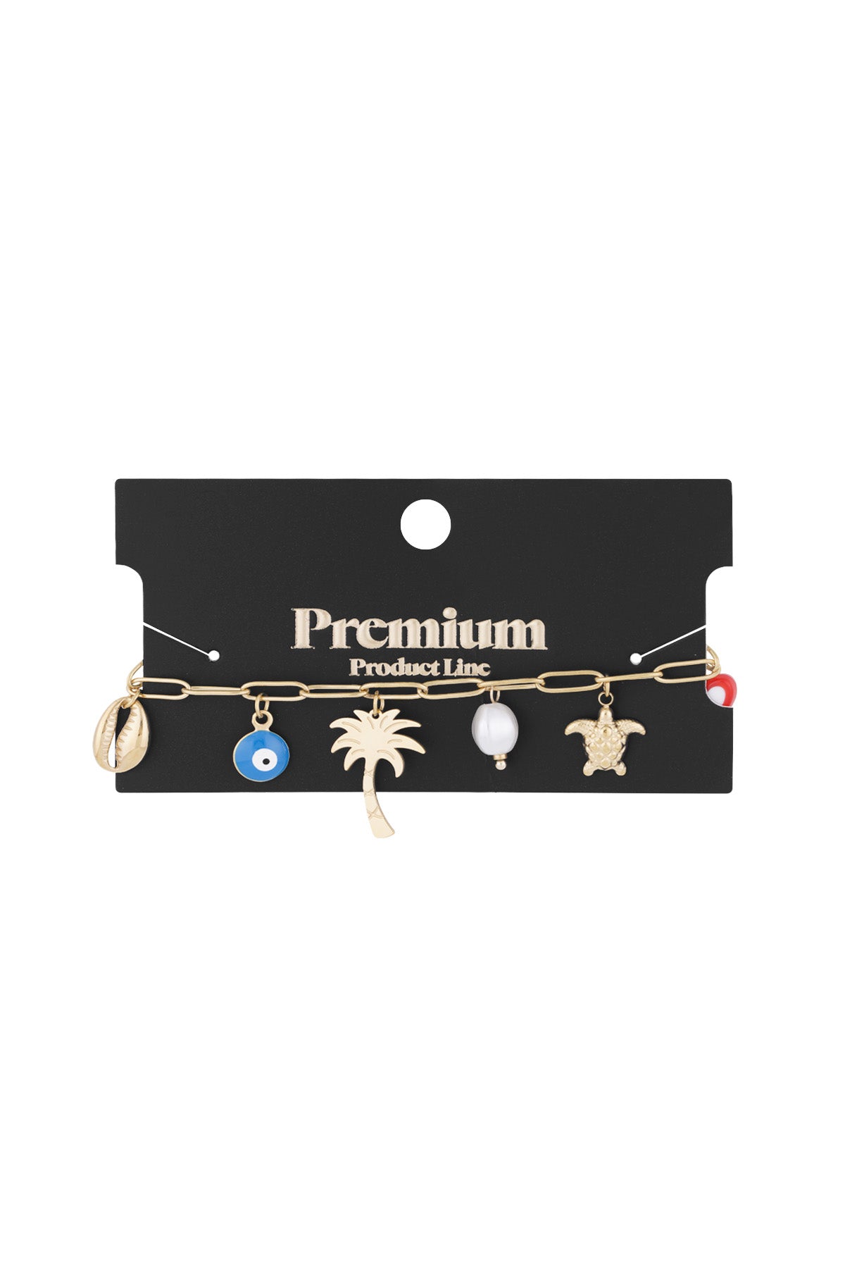 Gold-tone charm bracelet displayed on a black 'Premium Product Line' card showing all summer-themed charms.