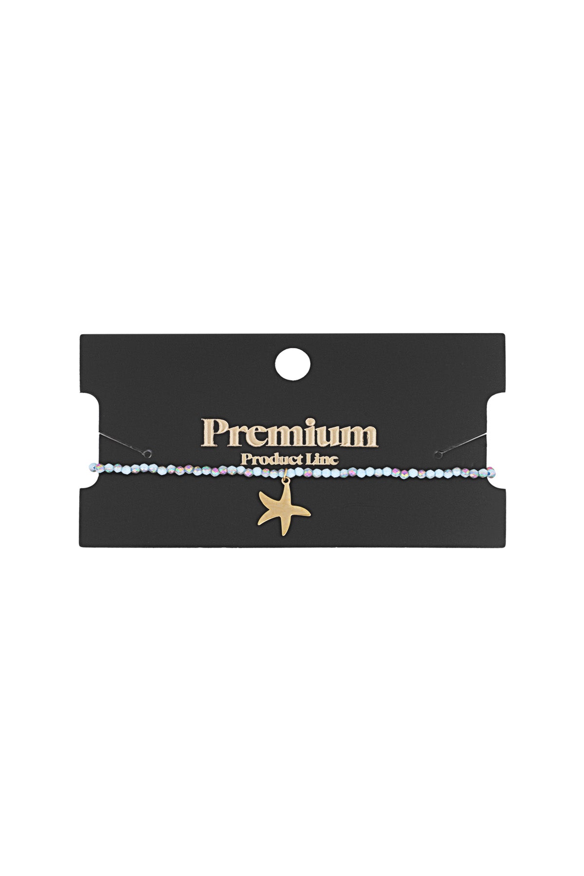 Beaded starfish bracelet displayed on a black card labeled Premium Product Line, showcasing the gold starfish charm and light blue beads.