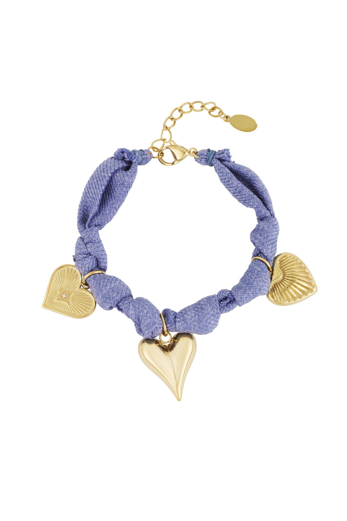 Blue braided bracelet with three gold heart charms and adjustable lobster clasp on white background