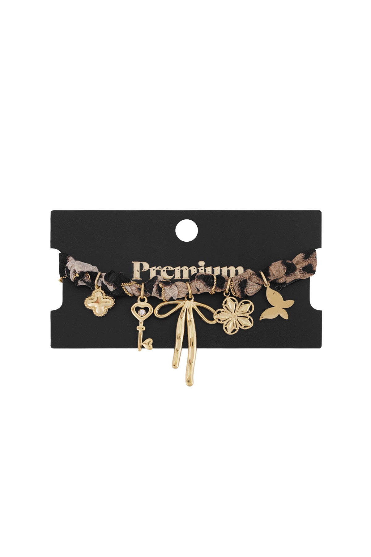 Leopard print charm bracelet displayed on black Premium branded card with gold charms clearly visible