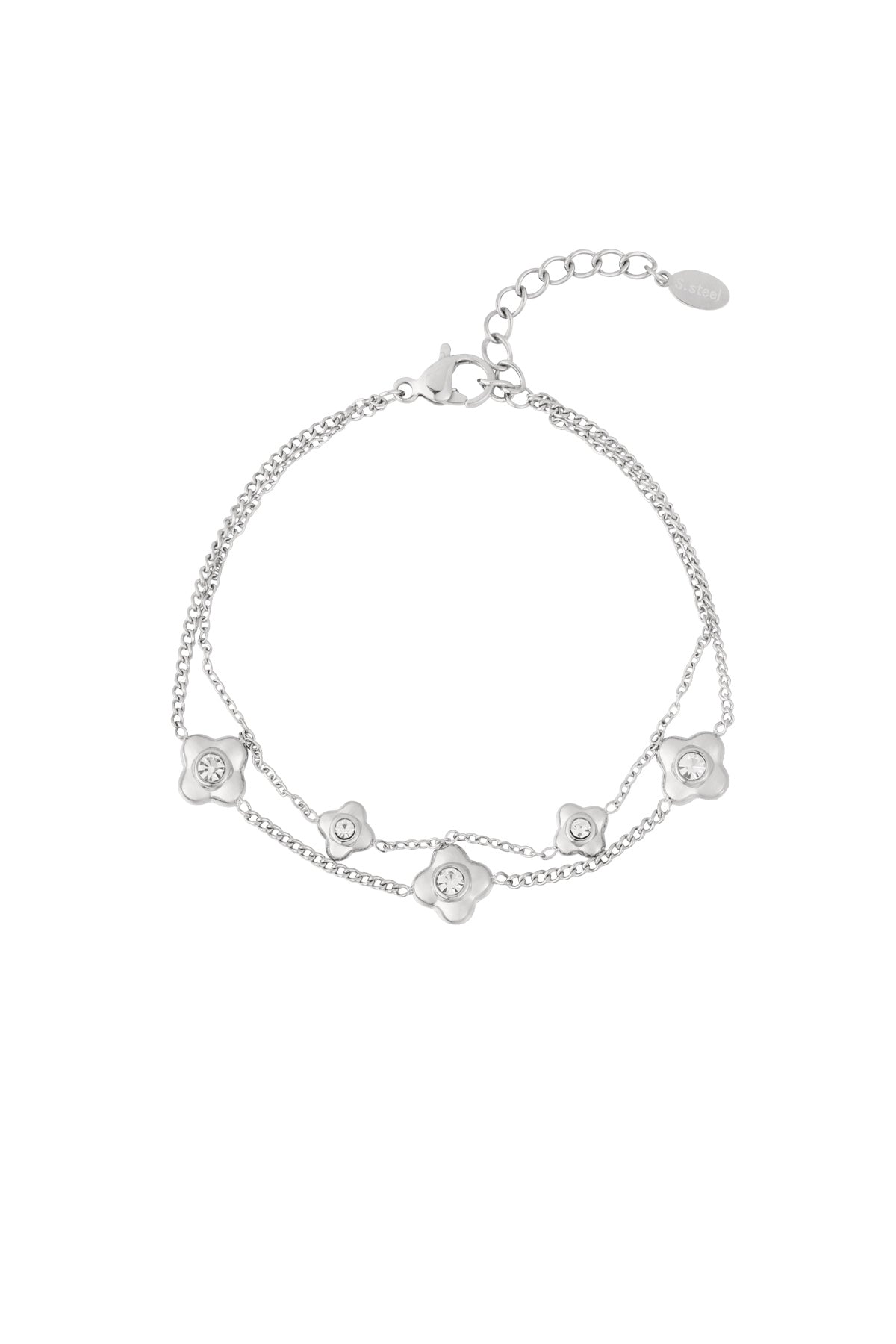 Silver double chain bracelet with flower shaped charms centered with crystals on white background