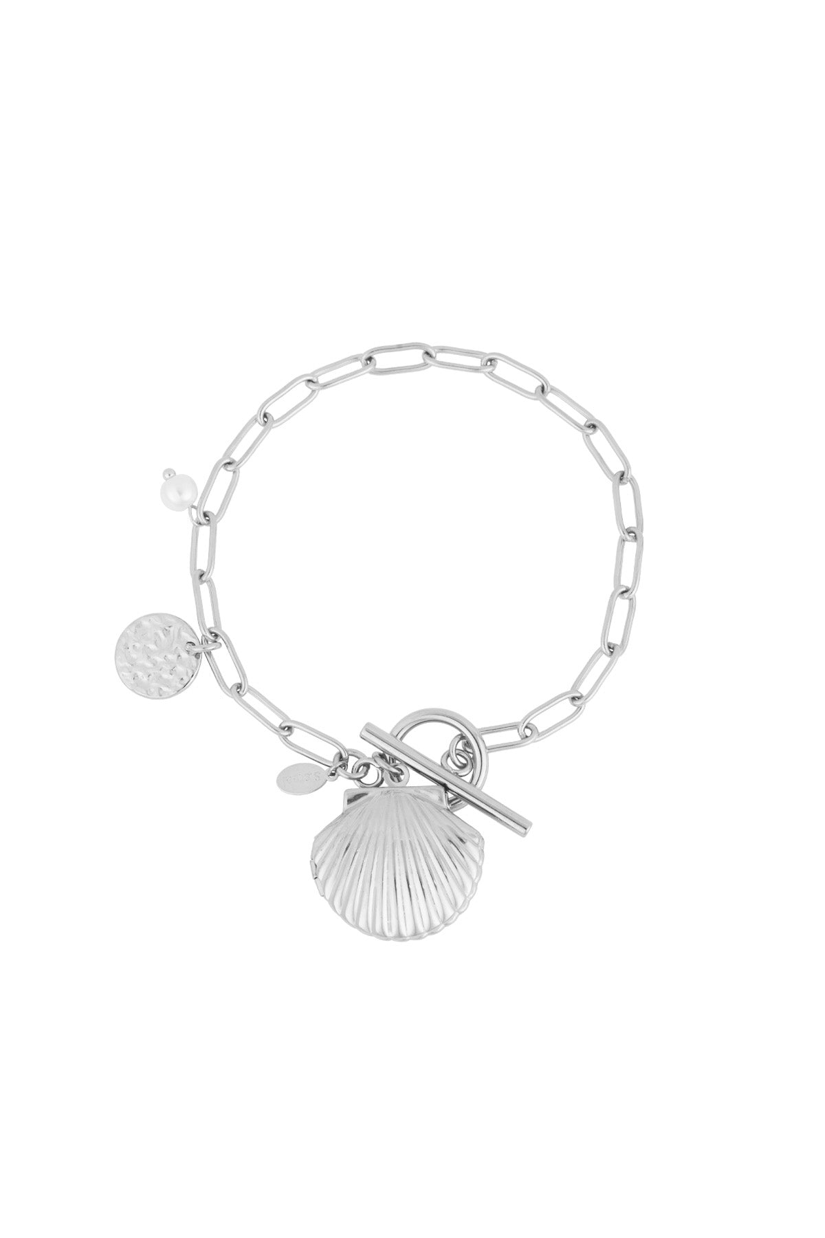 Silver-tone charm bracelet with shell pendant, pearl detail and toggle clasp on white background