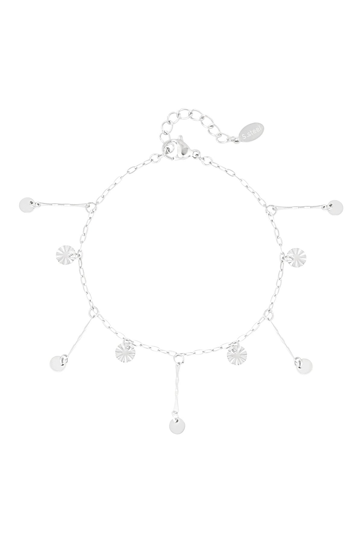 Silver coin charm bracelet laid flat, featuring dainty dangling coins and textured sunburst charms on chain