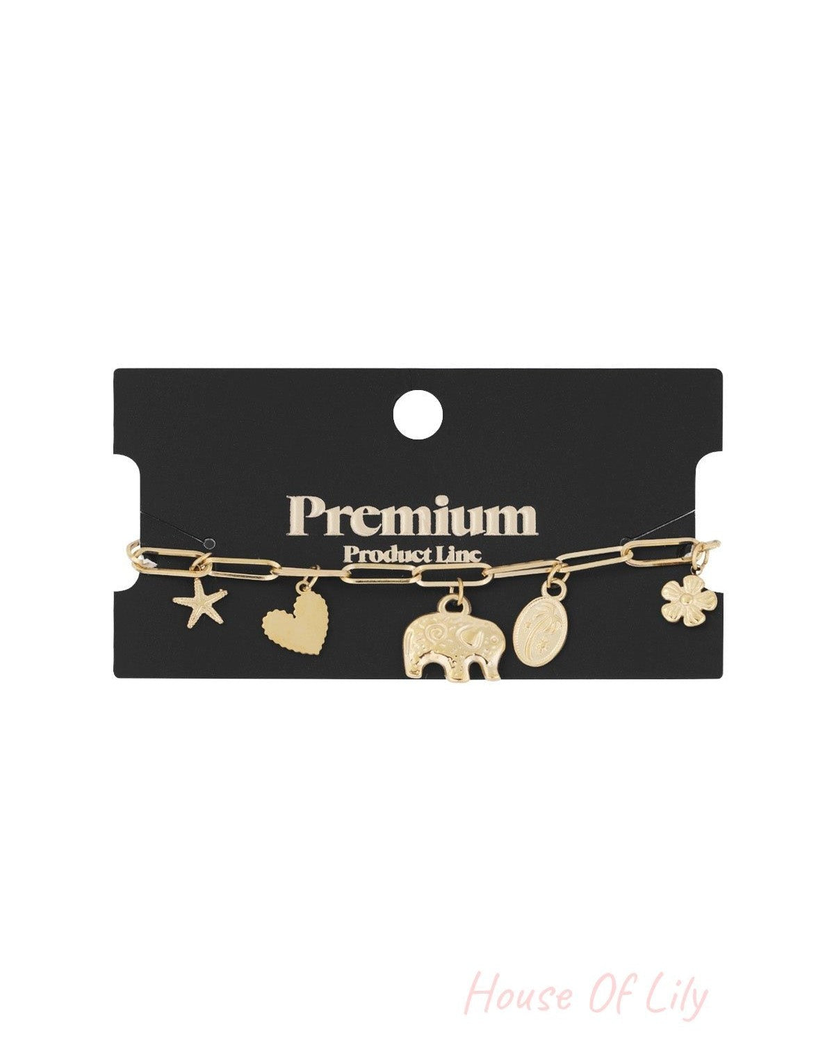 Golden charm link bracelet displayed on black premium product card highlighting all five unique charms