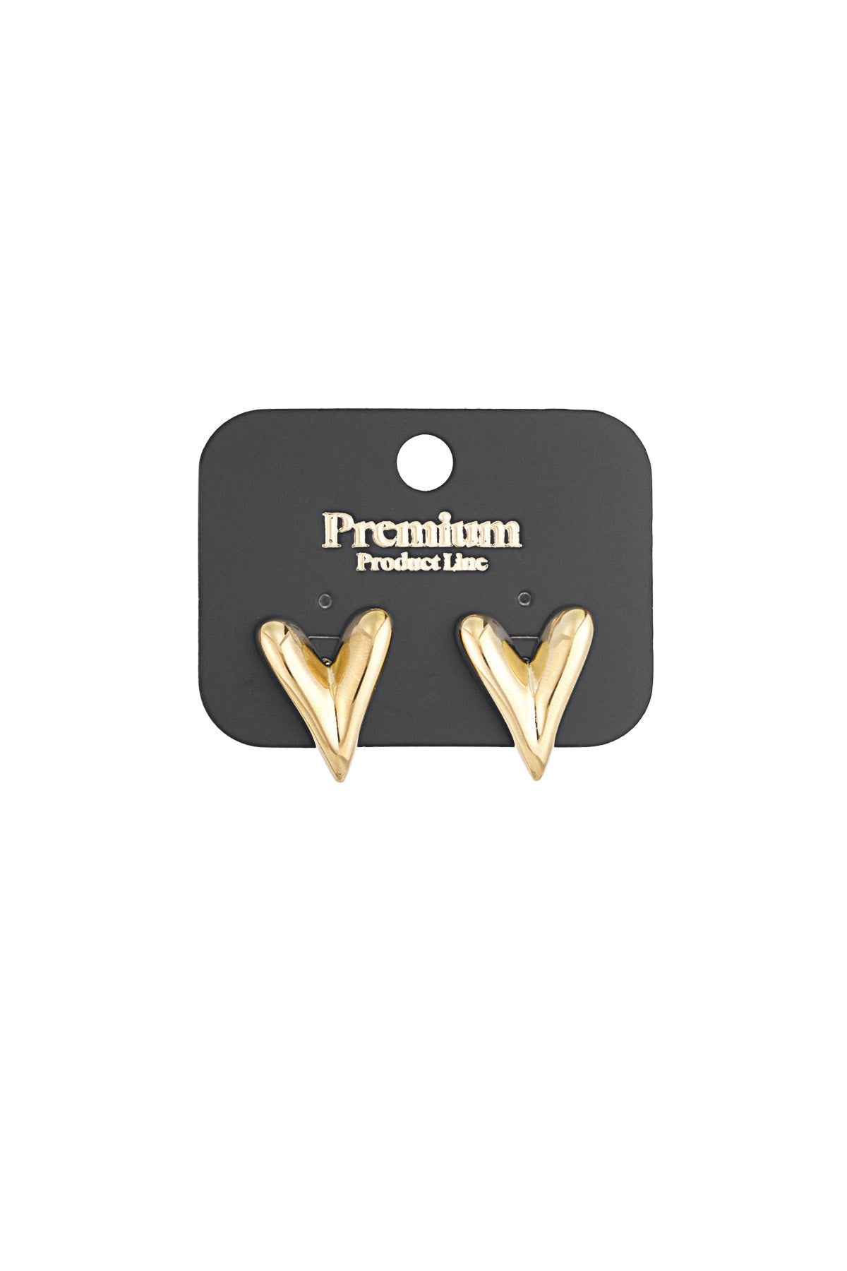 Gold heart stud earrings displayed on black Premium Product Line card