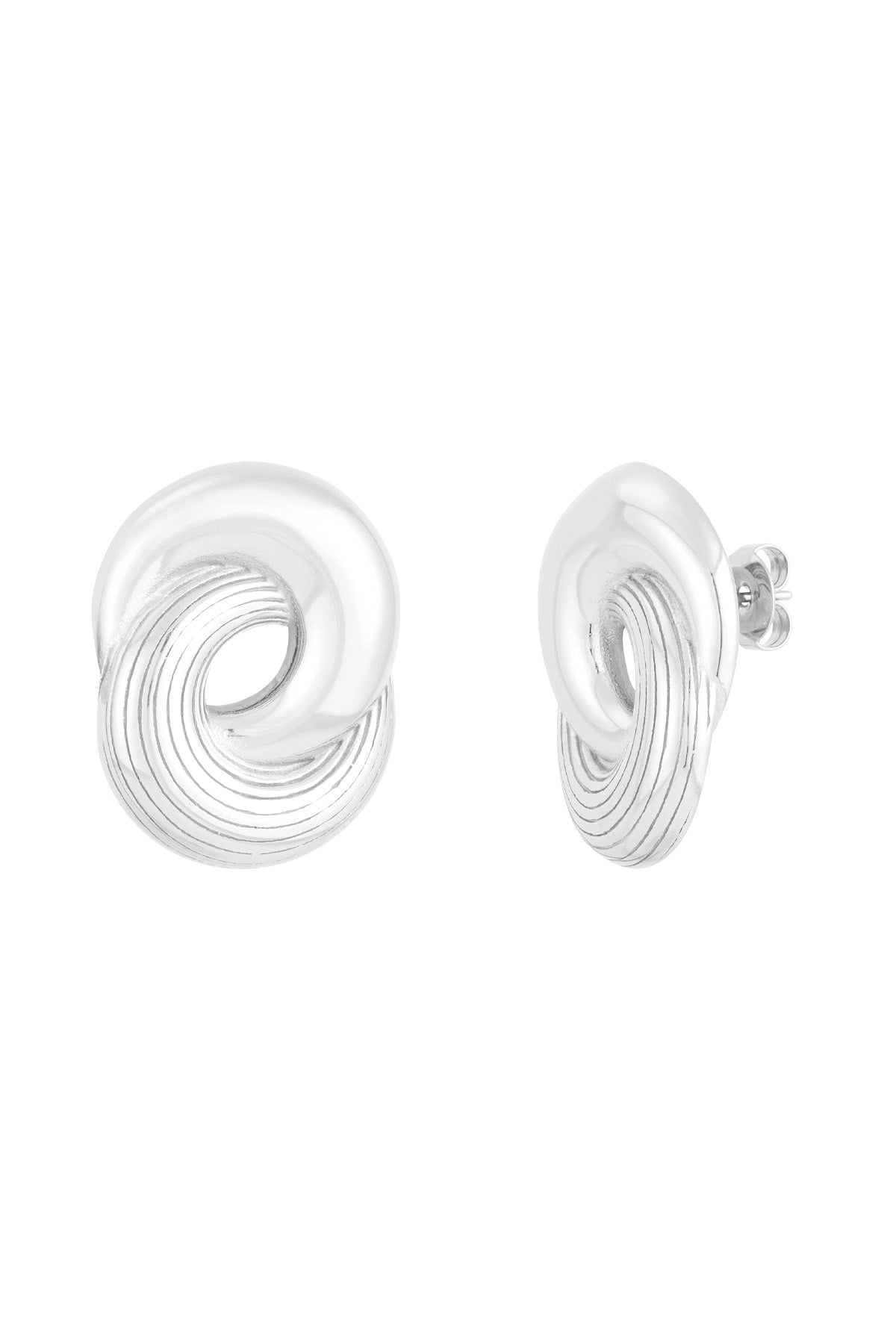 Silver twist circle stud earrings displayed side by side showing sleek twisted circle design