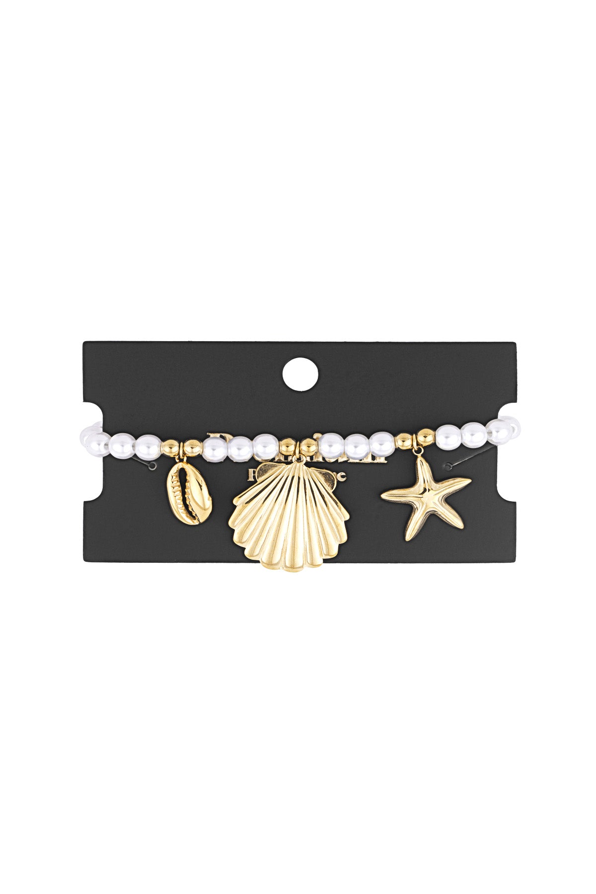 Pearl bracelet with gold-tone seaside charms displayed on black packaging card highlighting the bracelet’s design